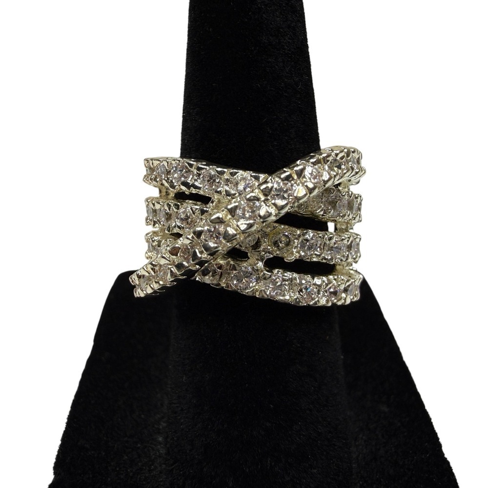 Sparkling Silver Tone Multi-Band Crisscross Pave Crystal Rhinestone Ring Sz 5